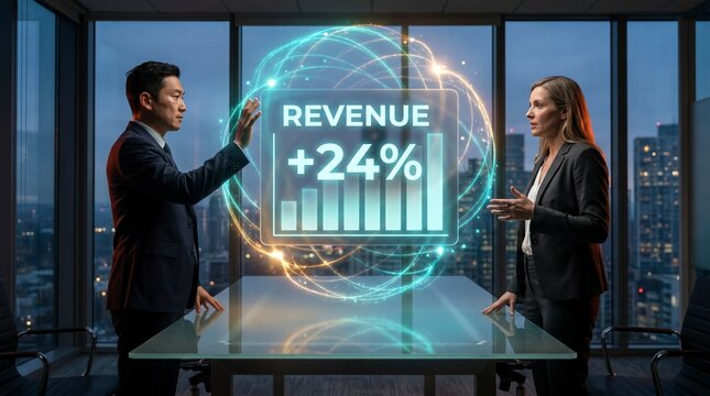 Executives presenting holographic revenue growth results in a modern dark corporate office