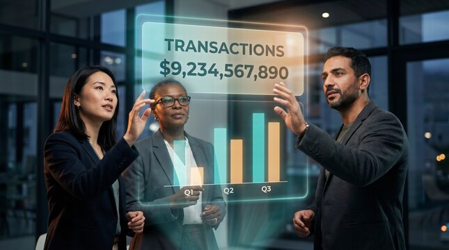 Banking professionals monitoring holographic transactions data in a dark modern office