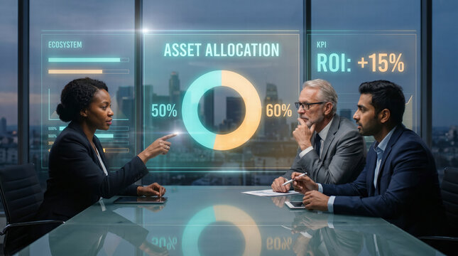 Investors reviewing holographic asset allocation chart in a modern dark boardroom
