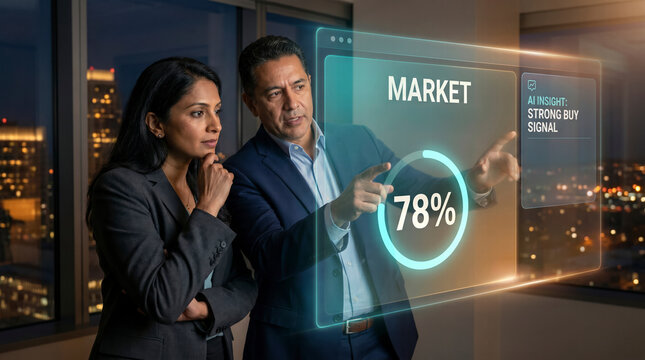 Analysts studying holographic market sentiment gauge with AI insight in dark office