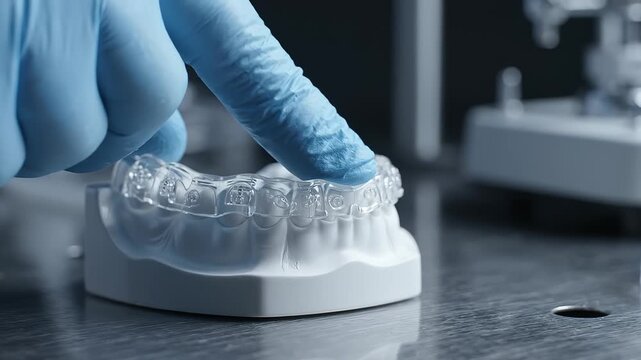 Dental technician placing clear aligners on a plaster tooth model in a laboratory. Precision dental manufacturing process for orthodontic treatment.