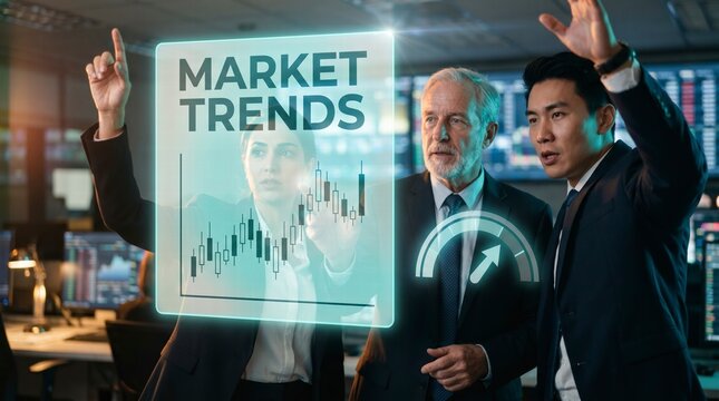 Engaged traders reacting to holographic market trends chart in a dark trading room