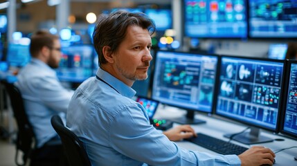 Fototapeta premium Control room operators supervising automated turbine component lines