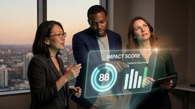 Professionals reviewing holographic sustainability impact dashboard in modern office