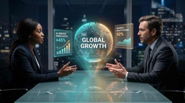 Confident business team analyzing holographic global growth data in a modern dark office