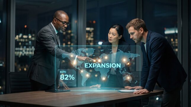  Focused consultants analyzing holographic world expansion map in a modern dark office