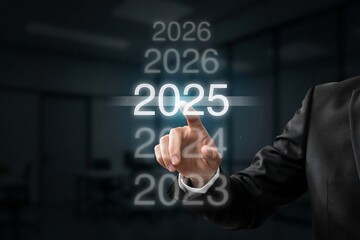 Obraz premium Professional businessman touching a glowing virtual timeline to select the year 2025