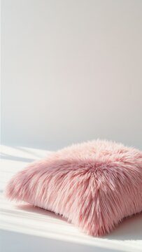 Vertical minimalist shot of a soft pink fluffy faux fur cushion on a white surface with elegant window shadows and copy space above. Cozy home decor concept