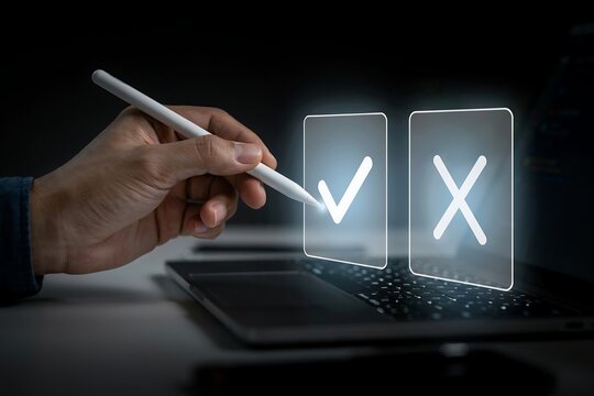 Businessman hand using digital stylus to select checkmark icon on virtual interface screen