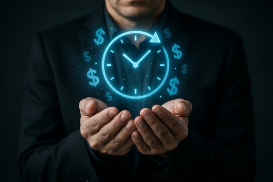 Businessman holding a glowing clock icon with dollar signs representing time is money concept