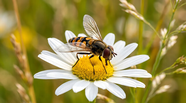 Hoverfly resting on a white daisy flower in a sunny meadow with natural soft focus background