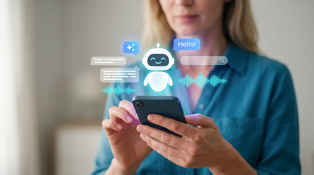 a woman chatting with virtual AI assistant bot via smartphone holographic interface