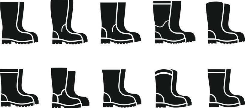Black boot silhouette icons, footwear vector illustration set, work and rain boot design collection, outdoor shoe artwork, fashion graphics