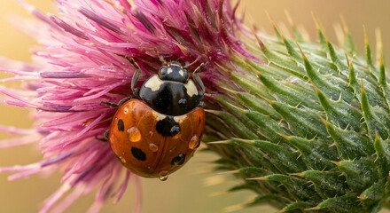 Ladybug with water droplets on a pink thistle flower bloom, macro shot. © Agnieszka