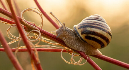 Snail crawling up a reddish branch in the soft sunset light, macro photography. © Agnieszka
