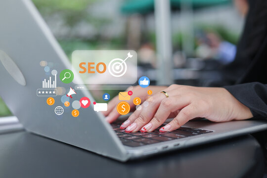 woman hand type on keyboard laptop to use search engine optimization (SEO) tools for finding customer or promote and advertise about content online for marketing technology and business concept