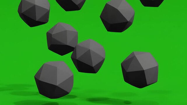 Floating dark geometric polyhedra shapes, motion sequence falling on a green background.
