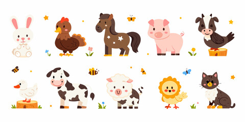 Fototapeta premium Farm animal vector illustration set with rabbit chicken horse and pig