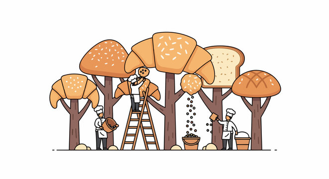 Bakers harvesting baked goods from trees in a whimsical bakery forest.