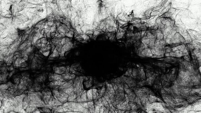 Black Hole Particle Explosion Abstract 4K Loop features a black hole in the center of a white atmosphere with particles flowing out like tentacles in a loop.