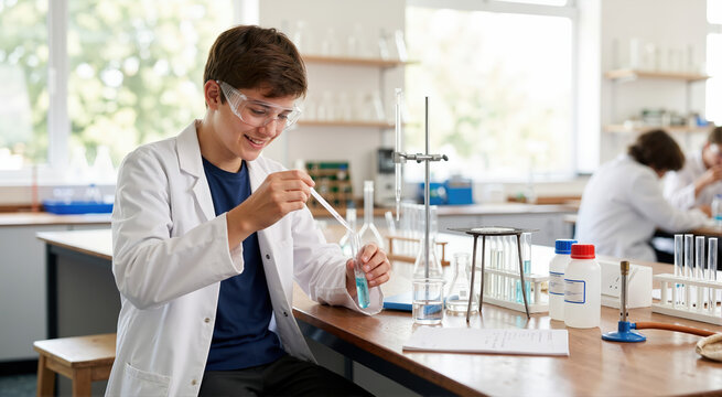 Smiling adolescent boy conducting a chemistry experiment. Teen student in a lab coat and goggles using a pipette with blue liquid in a school laboratory