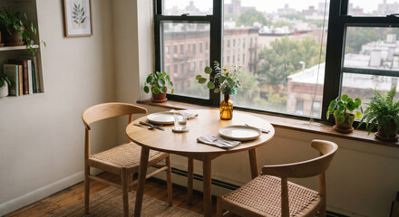Obraz premium Round dining table set beside large black framed windows with plants, dishes, chairs, and city view in a compact urban home