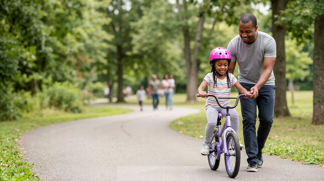 Black father teaching his young daughter to ride a bicycle in the park. Smiling African American dad helping child balance on a purple bike. Family outdoor recreation