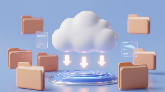3d cloud based data download illustration with floating folders and holographic interface