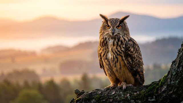 eurasian eagle owl close up in bavarian forest germany at morning light video