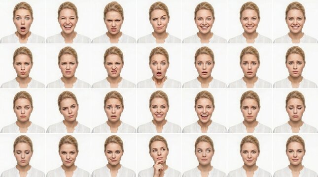 Collage of a woman showing various facial expressions and emotions.