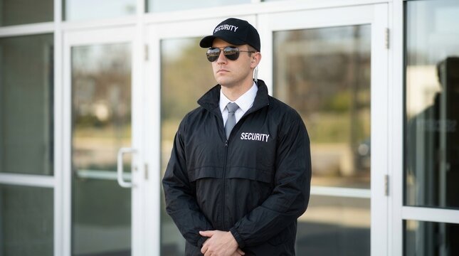 A male security guard stands professionally at a building entrance.