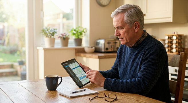 Senior man analyzing sports betting odds on a tablet at home. Elderly male using digital analytics app with a stylus in the morning