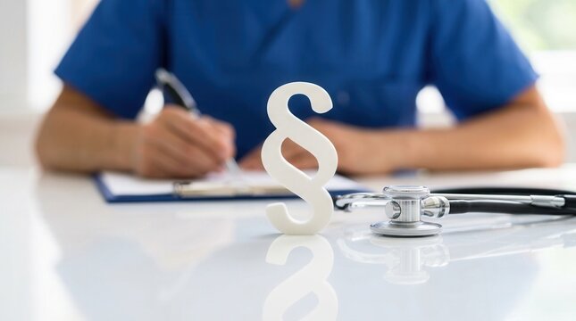 A stethoscope and legal section symbol representing medical doctor malpractice.