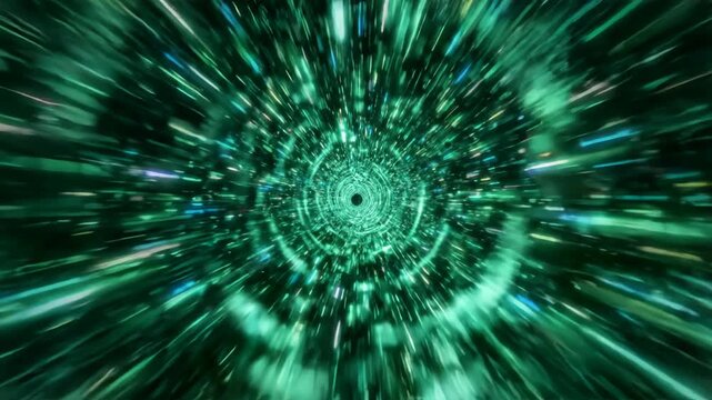 Fast forward movement through a bright green digital tunnel, sci fi wormhole light speed travel background.