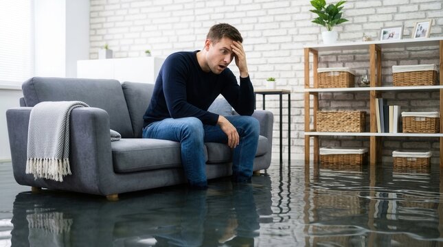 An upset man sitting on a sofa in a room flooded with water.