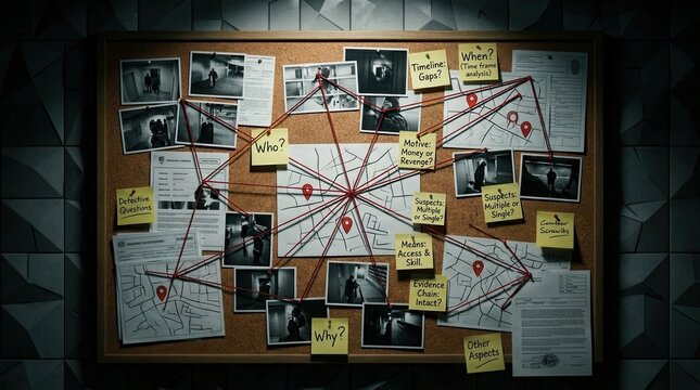 A detailed police investigation board filled with crime scene photos and evidence.