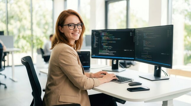 A professional female programmer coding on a computer with dual monitors.