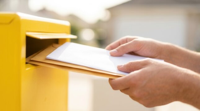 A person is taking a letter in an envelope out of a yellow mailbox.
