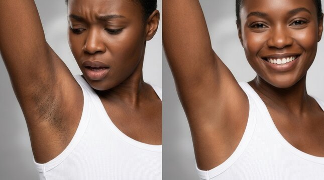 Before and after concept of underarm hair removal on a woman.