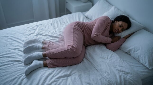 An African American woman experiencing Restless Legs Syndrome (RLS) in bed.
