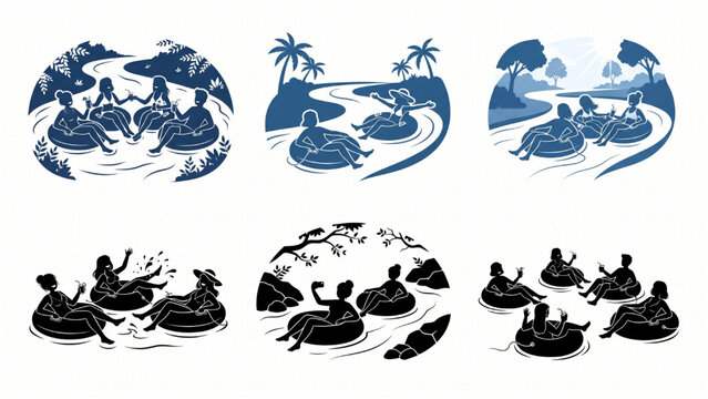 Friends Enjoying Lazy River Tubing Summer Vacation Silhouette Set Blue and Black Isolated on White Background