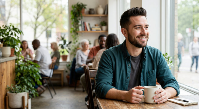 Happy transgender man sitting in a cafe looking out the window. Smiling male relaxing with a coffee mug