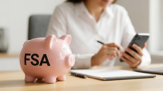 A pink piggy bank with FSA text sits on a desk while a person uses a smartphone in the background.