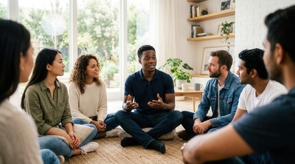 Fototapeta premium A group of young multiracial millennial friends sitting in a circle for discussion.