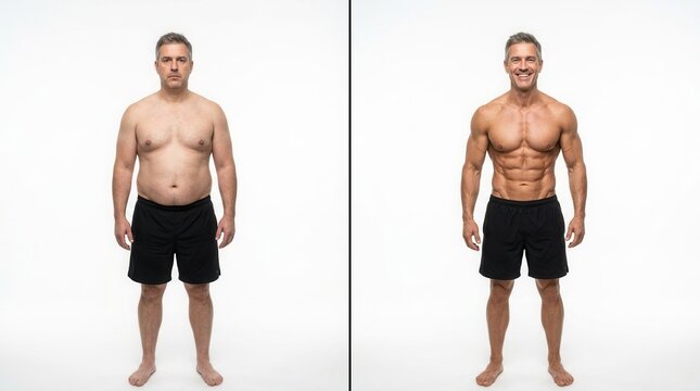 Mature man showing before and after weight loss results on a white background.