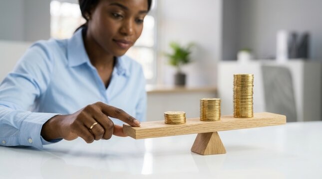 A businesswoman balancing stacked coins on a wooden seesaw scale.