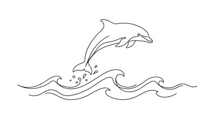 Fototapeta premium Minimalist continuous line art dolphin jumping over ocean waves, elegant black and white marine mammal vector illustration, simple nautical animal sketch
