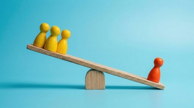 Three yellow pawns balancing against one red pawn on a wooden seesaw.