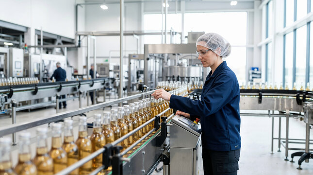 Female factory operator monitoring a beverage production line. Woman worker in a hairnet and safety glasses inspecting bottles on a conveyor belt. Industrial manufacturing and quality control