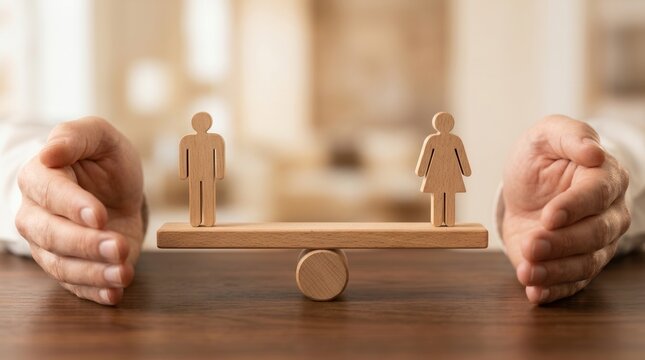 A wooden scale achieves equal gender balance and parity between male and female figures.
